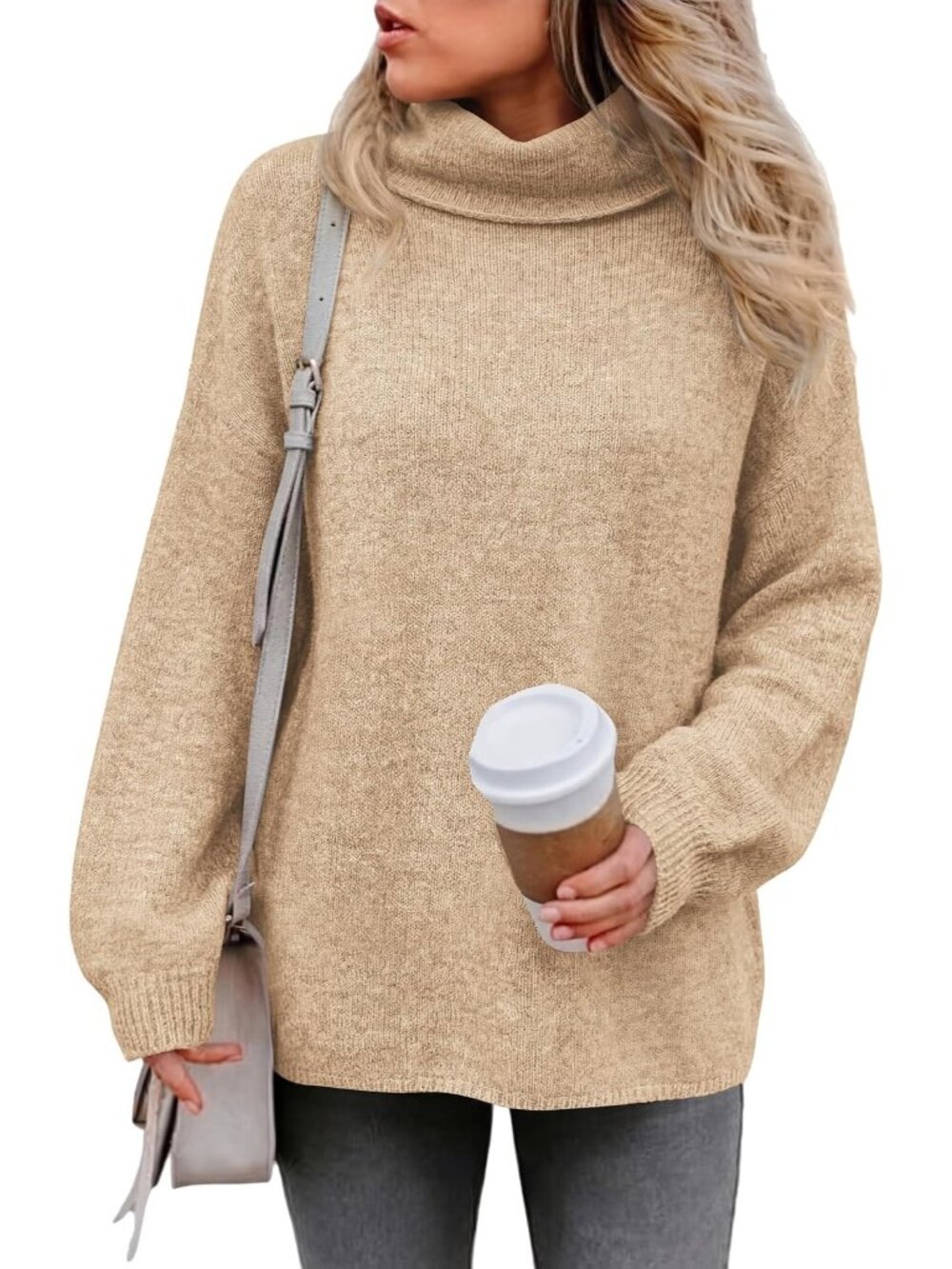 🆕 Women's Khaki Oversized Turtleneck Chunky Knit Warm Winter Tunic Sweater